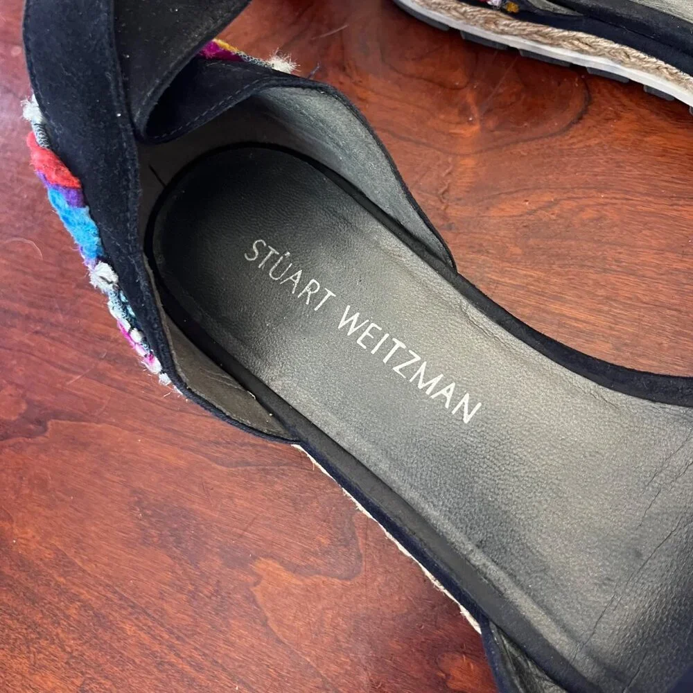 Stuart Weitzman Embroidered Denim Espadrille Flats With Black Ribbon Tie- Sz. 9.